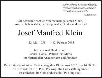 Traueranzeige von Josef Manfred Klein von Süddeutsche Zeitung