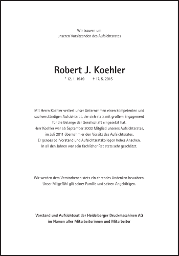 Traueranzeige von Robert J. Koehler von Süddeutsche Zeitung