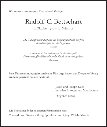 Traueranzeige von Rudolf C. Bettschart von Süddeutsche Zeitung