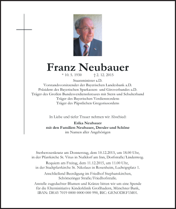Traueranzeige von Franz Neubauer von Süddeutsche Zeitung