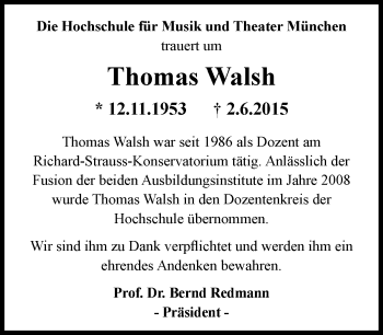 Traueranzeige von Thomas Walsh von Süddeutsche Zeitung