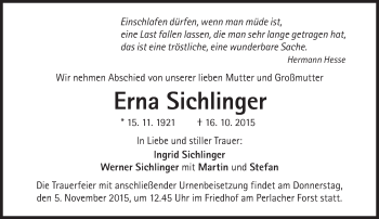 Traueranzeige von Sichlinger Erna  von Süddeutsche Zeitung
