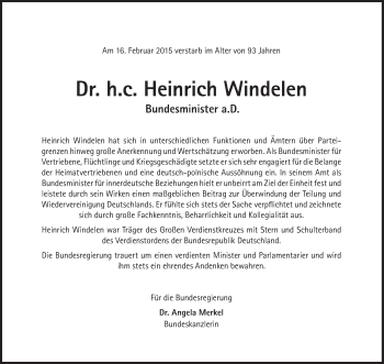 Traueranzeige von Heinrich Windelen von Süddeutsche Zeitung