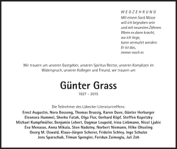 Traueranzeige von Günter Grass von Süddeutsche Zeitung