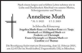 Traueranzeige von Anneliese Muth von Süddeutsche Zeitung