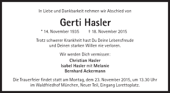 Traueranzeige von Gerti Hasler von Süddeutsche Zeitung