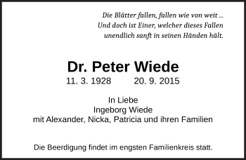 Traueranzeige von Peter Wiede von Süddeutsche Zeitung