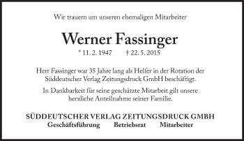 Traueranzeige von Werner Fassinger von Süddeutsche Zeitung