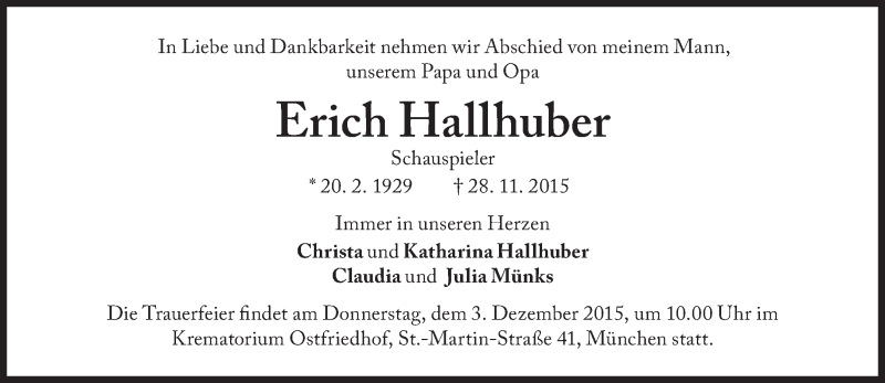  Traueranzeige für Erich  Hallhuber vom 01.12.2015 aus Süddeutsche Zeitung