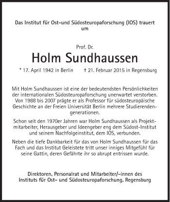 Traueranzeige von Holm Sundhaussen von Süddeutsche Zeitung