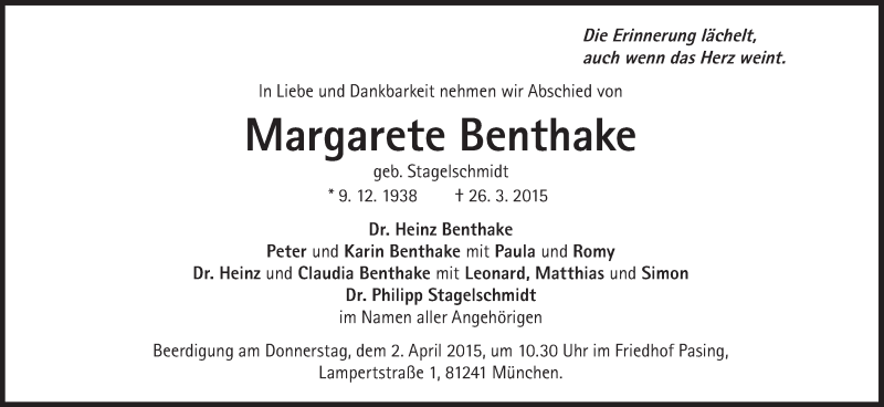  Traueranzeige für Margarethe Benthake vom 28.03.2015 aus Süddeutsche Zeitung