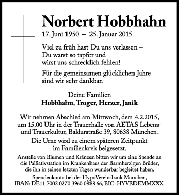 Traueranzeige von Norbert Hobbhahn von Süddeutsche Zeitung