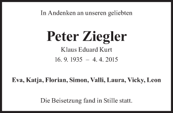 Traueranzeige von Peter Ziegler von Süddeutsche Zeitung