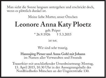 Traueranzeige von Leonore Anna Katy Ploetz von Süddeutsche Zeitung