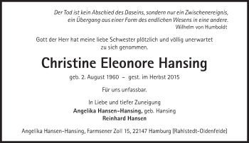 Traueranzeige von Christine Eleonore Hansing von Süddeutsche Zeitung