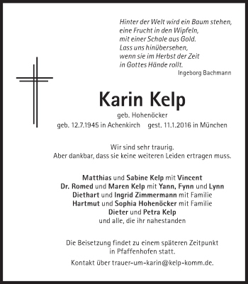 Traueranzeige von Karin Kelp von Süddeutsche Zeitung
