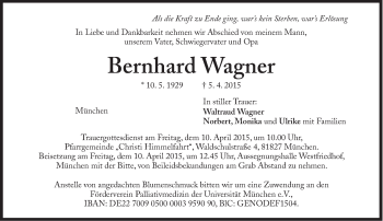 Traueranzeige von Bernhard Wagner von Süddeutsche Zeitung