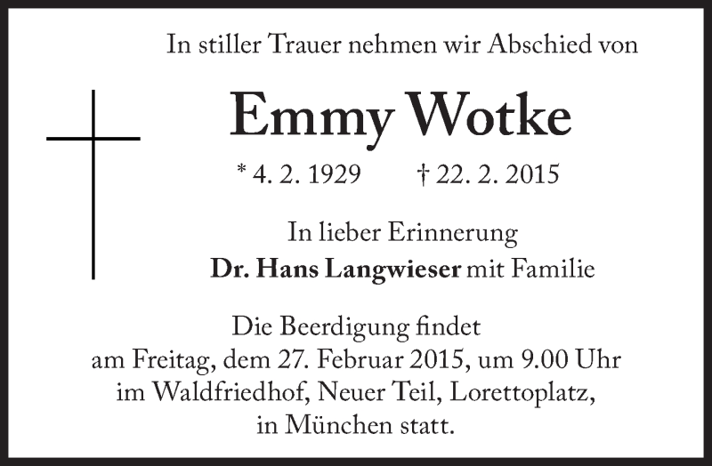  Traueranzeige für Emmy Wotke vom 25.02.2015 aus Süddeutsche Zeitung
