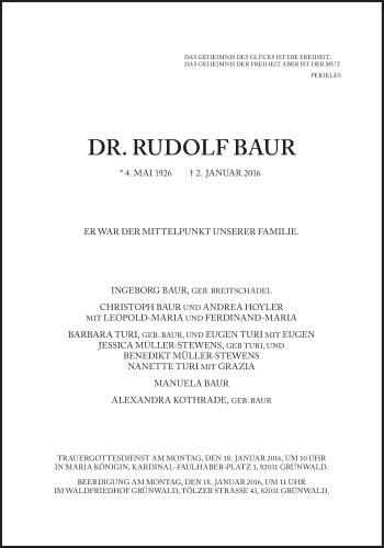 Traueranzeige von Rudolf Baur  von Süddeutsche Zeitung