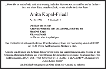 Traueranzeige von Anita Kopal-Friedl von Süddeutsche Zeitung