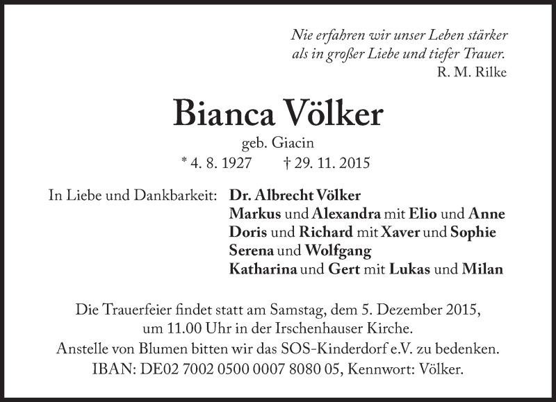  Traueranzeige für Bianca Völker vom 02.12.2015 aus Süddeutsche Zeitung