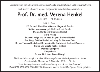 Traueranzeige von Verena Henkel von Süddeutsche Zeitung
