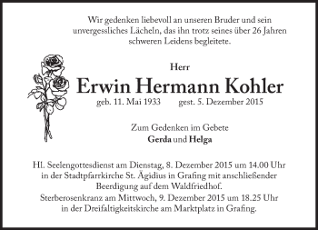 Traueranzeige von Erwin Hermann Kohler von Süddeutsche Zeitung