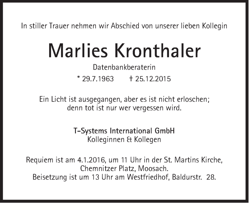  Traueranzeige für Marlies Kronthaler vom 31.12.2015 aus Süddeutsche Zeitung