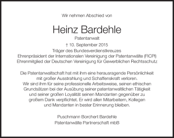 Traueranzeige von Heinz Bardehle von Süddeutsche Zeitung