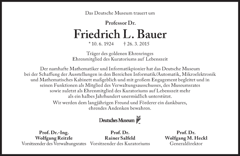  Traueranzeige für Friedrich L. Bauer vom 02.04.2015 aus Süddeutsche Zeitung
