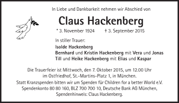 Traueranzeige von Claus Hackenberg von Süddeutsche Zeitung