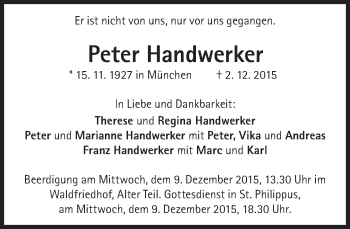 Traueranzeige von Peter Handwerker von Süddeutsche Zeitung