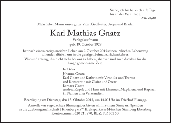 Traueranzeige von Karl Mathias Gnatz von Süddeutsche Zeitung