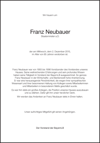 Traueranzeige von Franz Neubauer von Süddeutsche Zeitung
