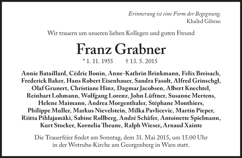  Traueranzeige für Franz Grabner vom 28.05.2015 aus Süddeutsche Zeitung
