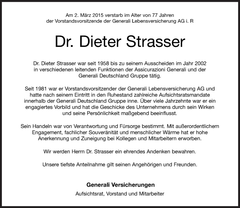  Traueranzeige für Dieter Strasser vom 06.03.2015 aus Süddeutsche Zeitung