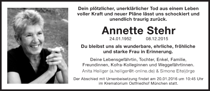  Traueranzeige für Annette Stehr vom 16.01.2016 aus Süddeutsche Zeitung