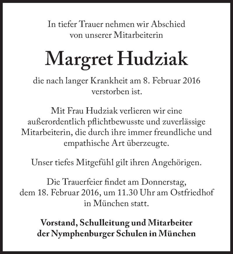  Traueranzeige für Margret Hudziak vom 17.02.2016 aus Süddeutsche Zeitung