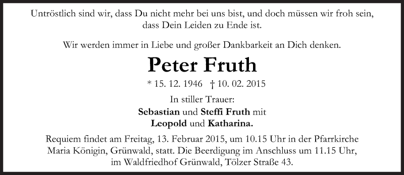  Traueranzeige für Peter Fruth vom 11.02.2015 aus Süddeutsche Zeitung