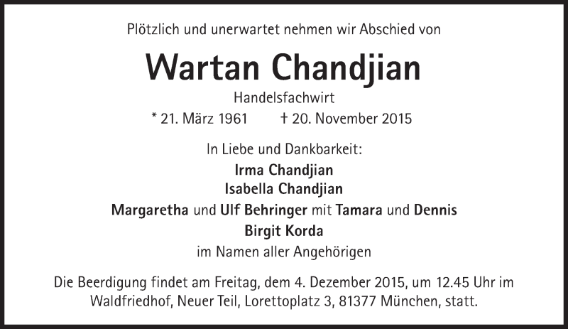  Traueranzeige für Wartan Chandjian vom 28.11.2015 aus Süddeutsche Zeitung