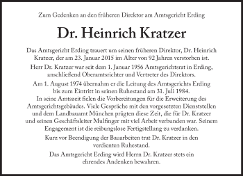 Traueranzeige von Heinrich Kratzer von Süddeutsche Zeitung