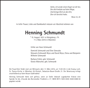 Traueranzeige von Henning Schmundt von Süddeutsche Zeitung