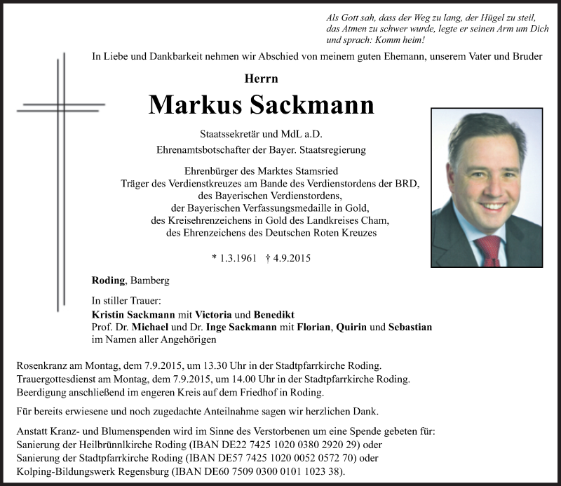  Traueranzeige für Markus Sackmann vom 05.09.2015 aus Süddeutsche Zeitung