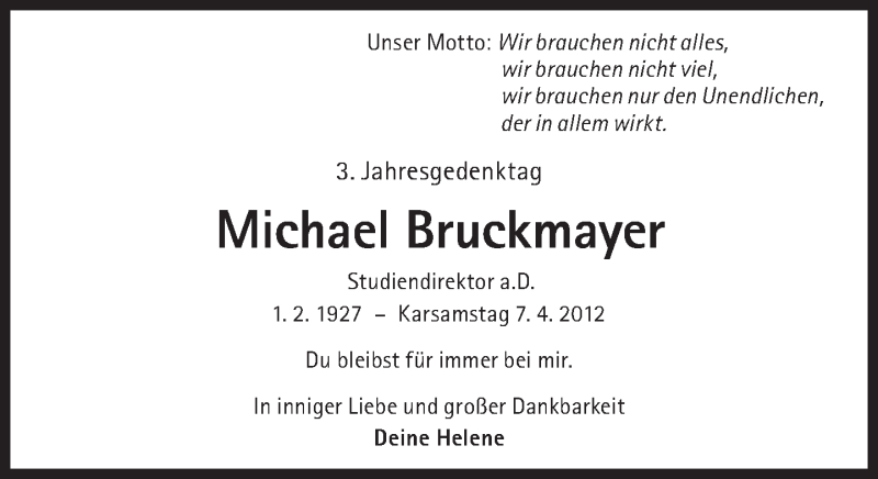 Traueranzeige für Michael Bruckmayer vom 04.04.2015 aus Süddeutsche Zeitung