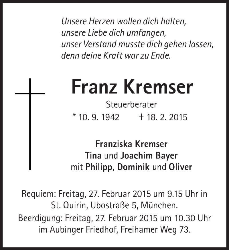  Traueranzeige für Franz Kremser vom 21.02.2015 aus Süddeutsche Zeitung