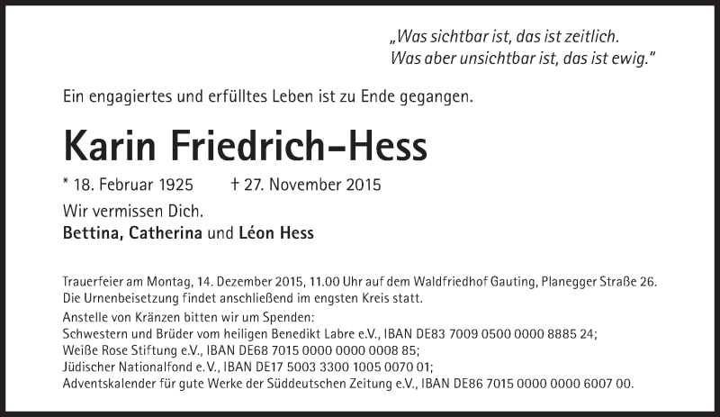  Traueranzeige für Karin Friedrich-Hess vom 05.12.2015 aus Süddeutsche Zeitung