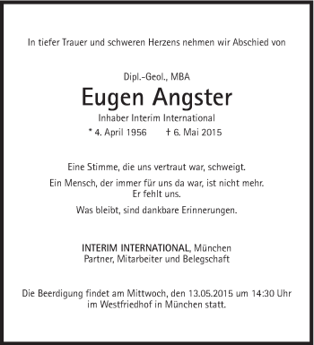 Traueranzeige von Eugen Angster von Süddeutsche Zeitung
