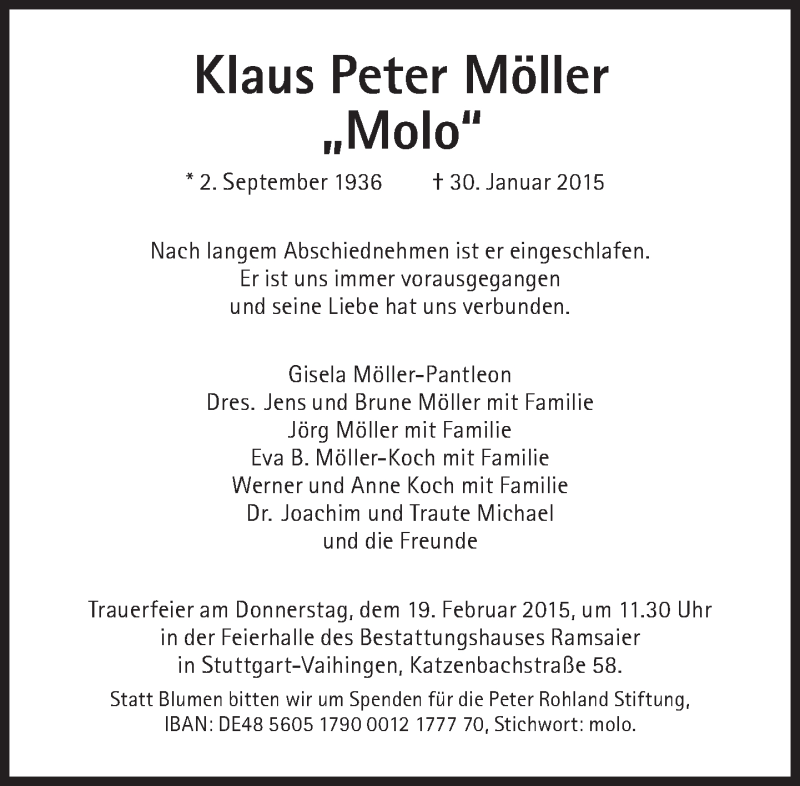  Traueranzeige für Klaus Peter Möller vom 14.02.2015 aus Süddeutsche Zeitung