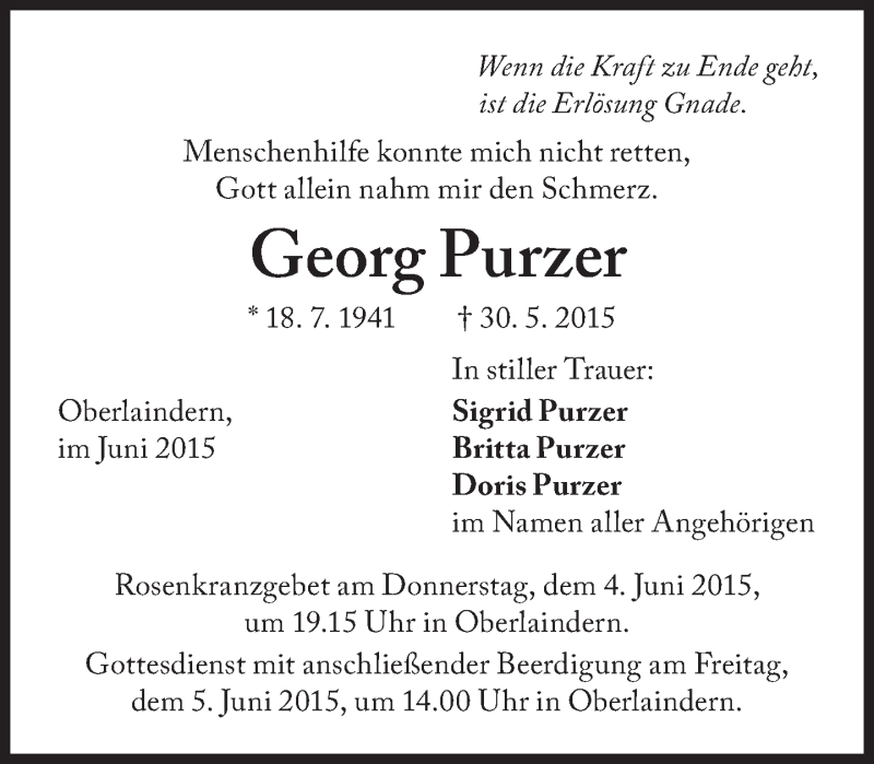  Traueranzeige für Georg Purzer vom 02.06.2015 aus Süddeutsche Zeitung