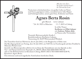 Traueranzeige von Agnes Berta Rosin  von Süddeutsche Zeitung